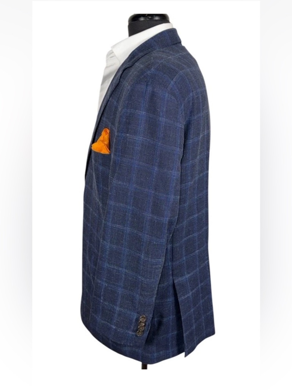 ALLEN EDMONDS LINEN SILK WOOL BLEND BLUE WINDOWPANE SPORT COAT SZ 44S - Picture 3 of 11